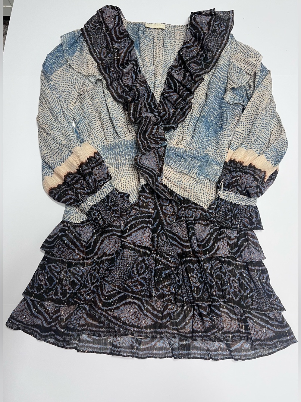 Ulla Johnson Blue Black Cream Printed Ruffled Mini Dress
